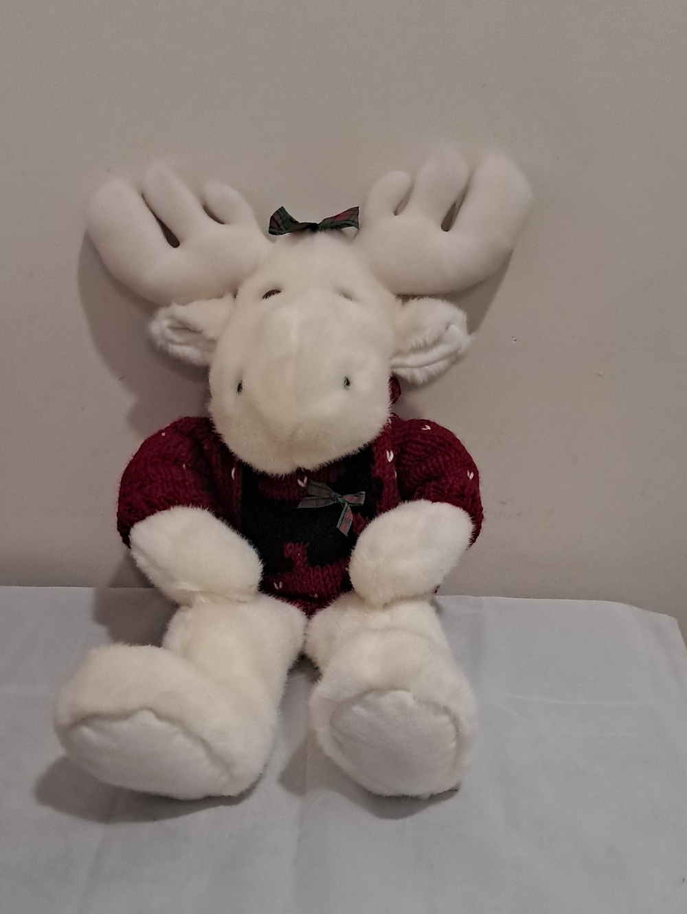 Charter Club White Moose Stuffed Animal in Red Sweater with Bow NWOT